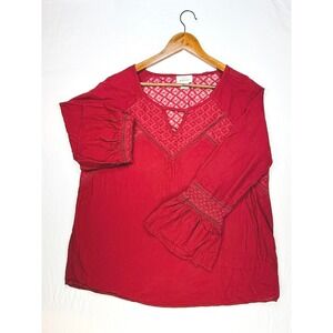 Ariat, Top Burgundy‎ Long Sleeve Peasant Blouse with Lace Detail, Women's XL